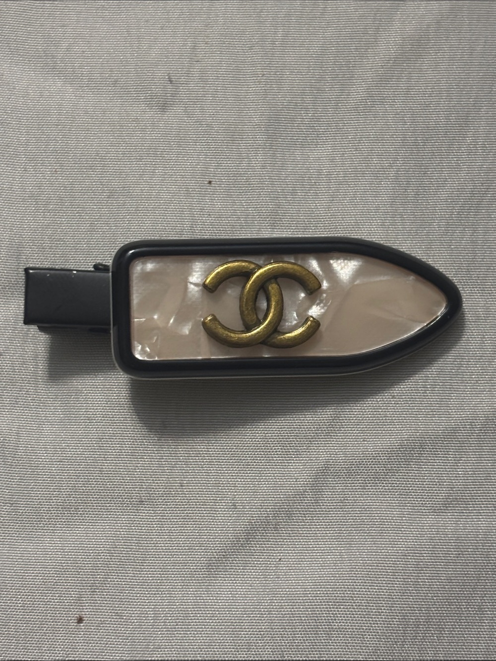 Chanel Beige Pearl Hair Clip with Gold CC Accent